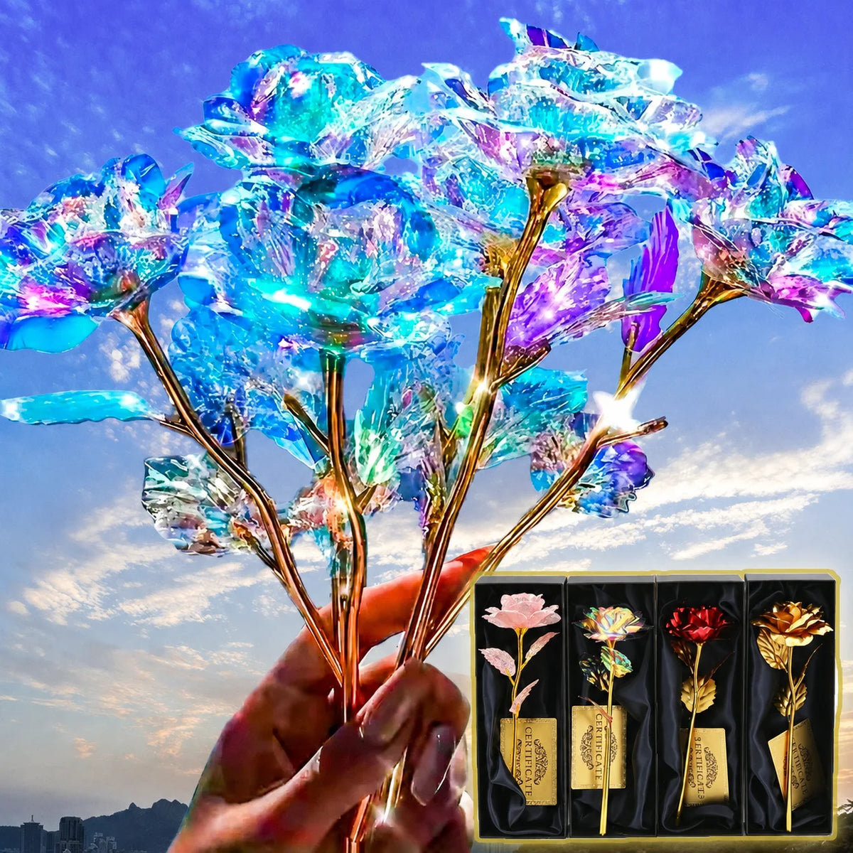 A hand holds a bouquet of iridescent gold foil artificial roses against a sunset sky.