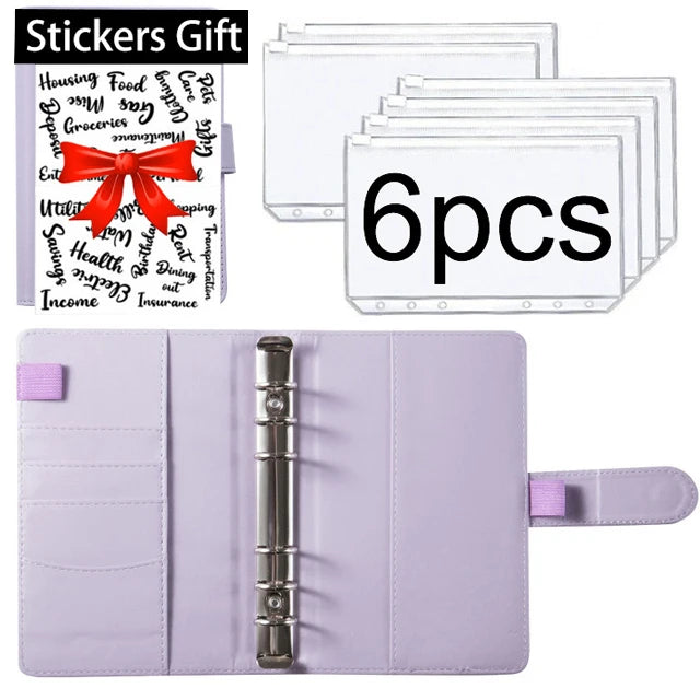 A set of six clear stickers with a red bow and a purple A6 PU leather budget planner binder.