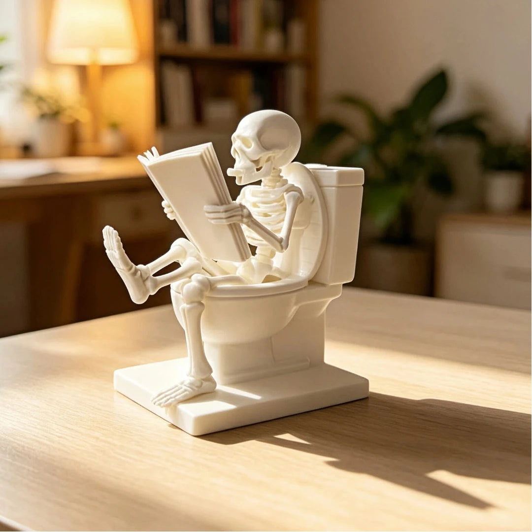A white statue of a skeleton ghost reading a book is placed on a wooden table.