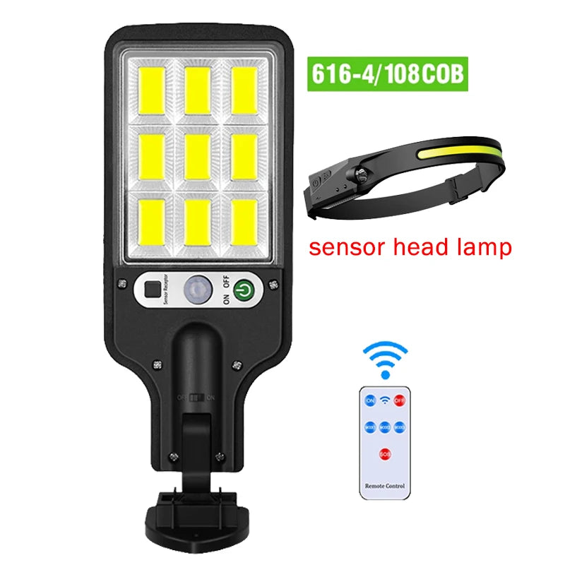 A sensor head lamp with multiple yellow LEDs and a remote control for security lighting.