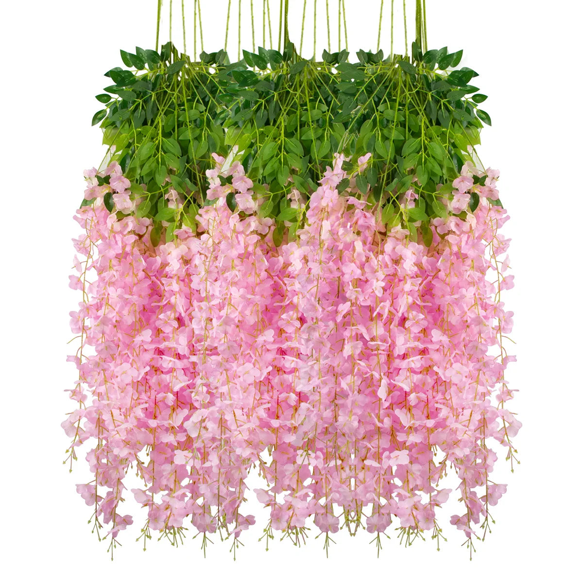 A hanging silk wisteria vine garland featuring pink flowers and green leaves for weddings and home decor.