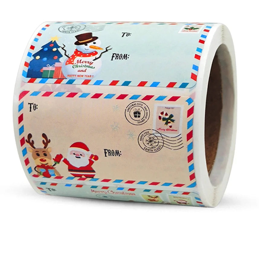 A roll of Christmas gift tags stickers featuring Santa Claus and festive holiday designs.