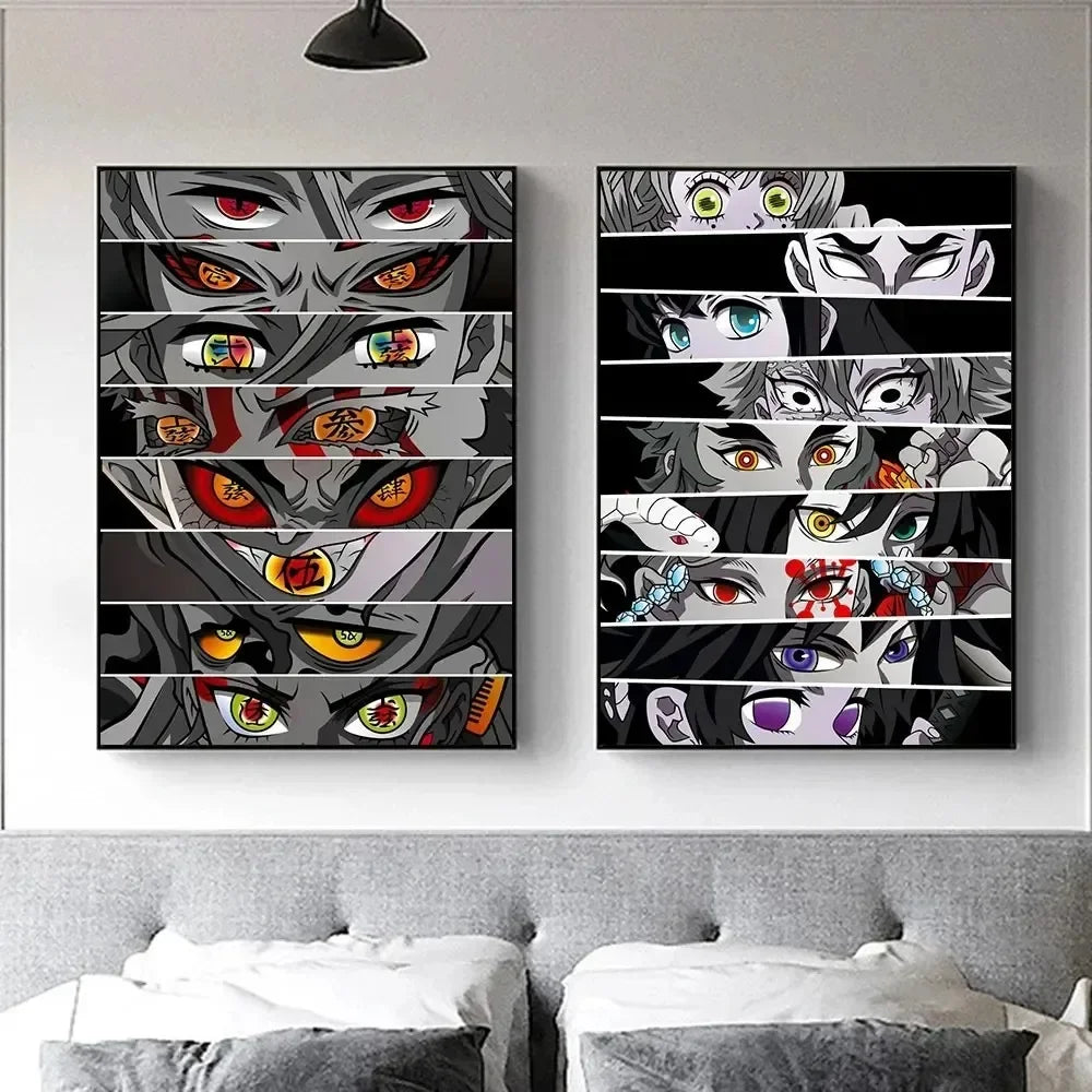 A canvas print featuring a vertical panel of Demon Slayer Hashira anime artwork in black and gray tones.