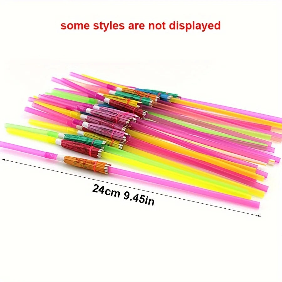 A collection of colorful mini paper drink umbrellas in various shades of pink, yellow, and green.