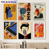 A collection of four abstract music canvas wall art pieces featuring instruments like a guitar, cello, and piano.