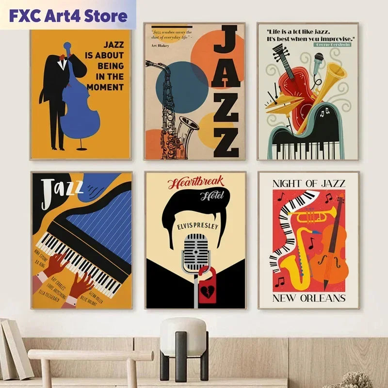 A collection of four abstract music canvas wall art pieces featuring instruments like a guitar, cello, and piano.