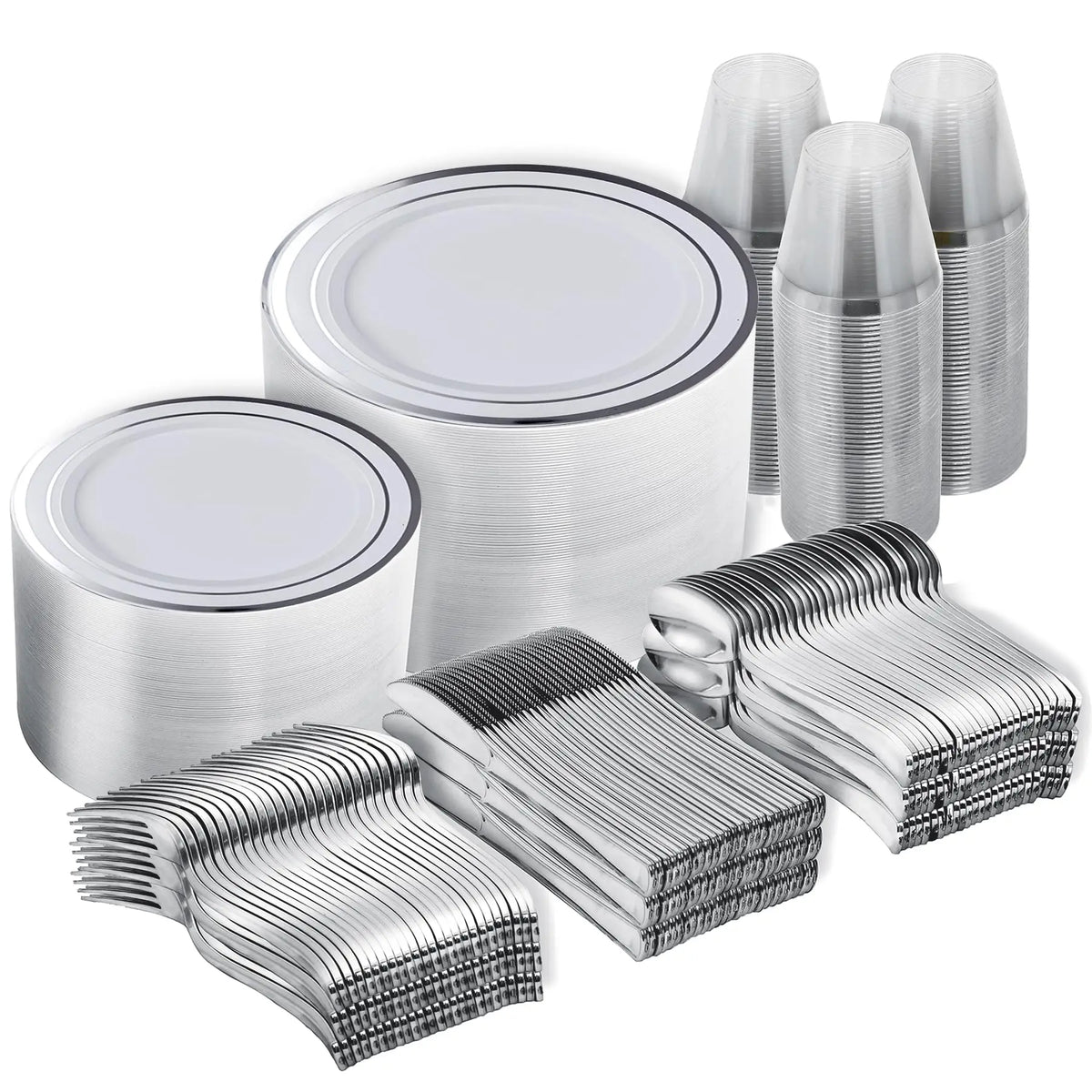 Un set de vaisselle jetable en plastique, comprenant des assiettes et des tasses, avec un rebord doré.
