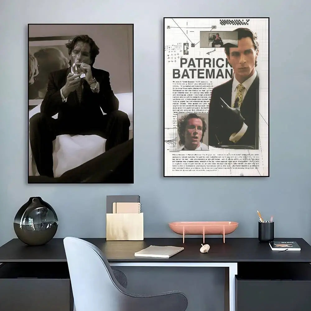 A framed movie poster featuring Patrick Bateman from American Psycho as waterproof vinyl wall art.