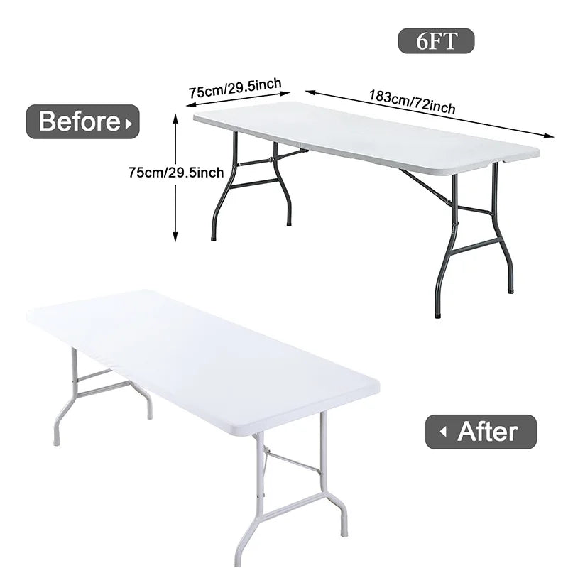 Before and after comparison of a stretch elastic tablecloth cover on a rectangular table.