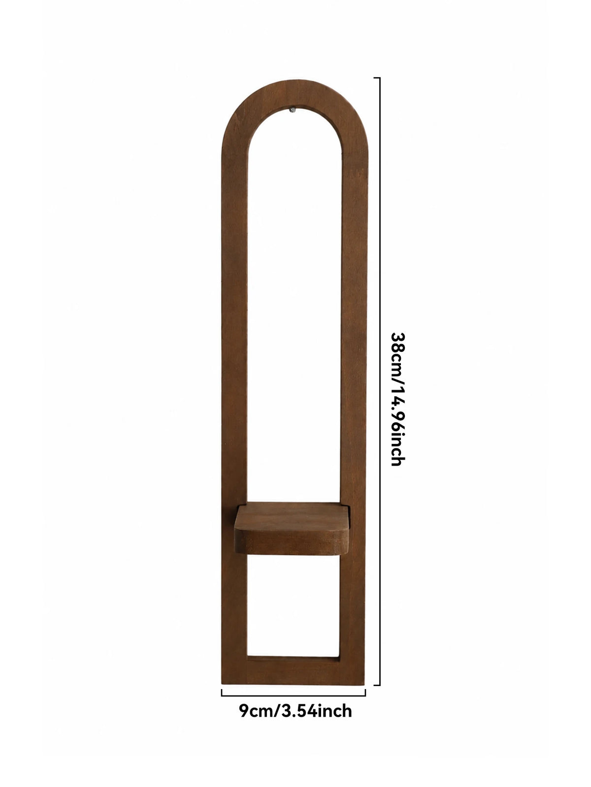 A vertical wooden arch shelf with a rectangular shelf insert, finished in a rustic brown tone.
