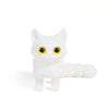 White 3D printed cat figurine with an articulated tail and bright yellow eyes