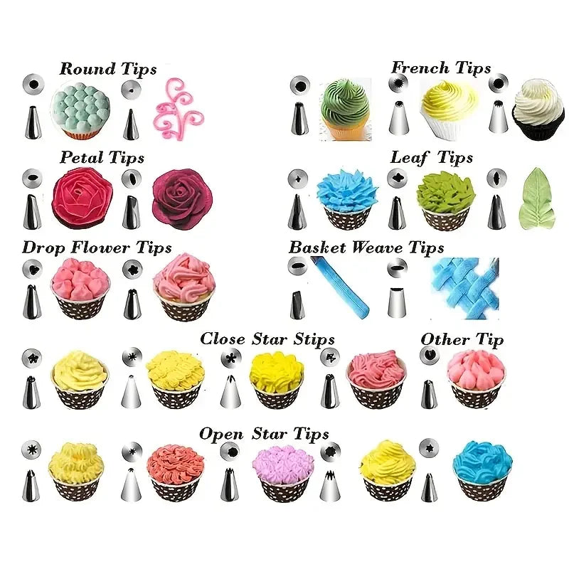 A collection of 48 stainless steel piping tips for cake and cookie decorating, including round, petal, French, leaf, and star