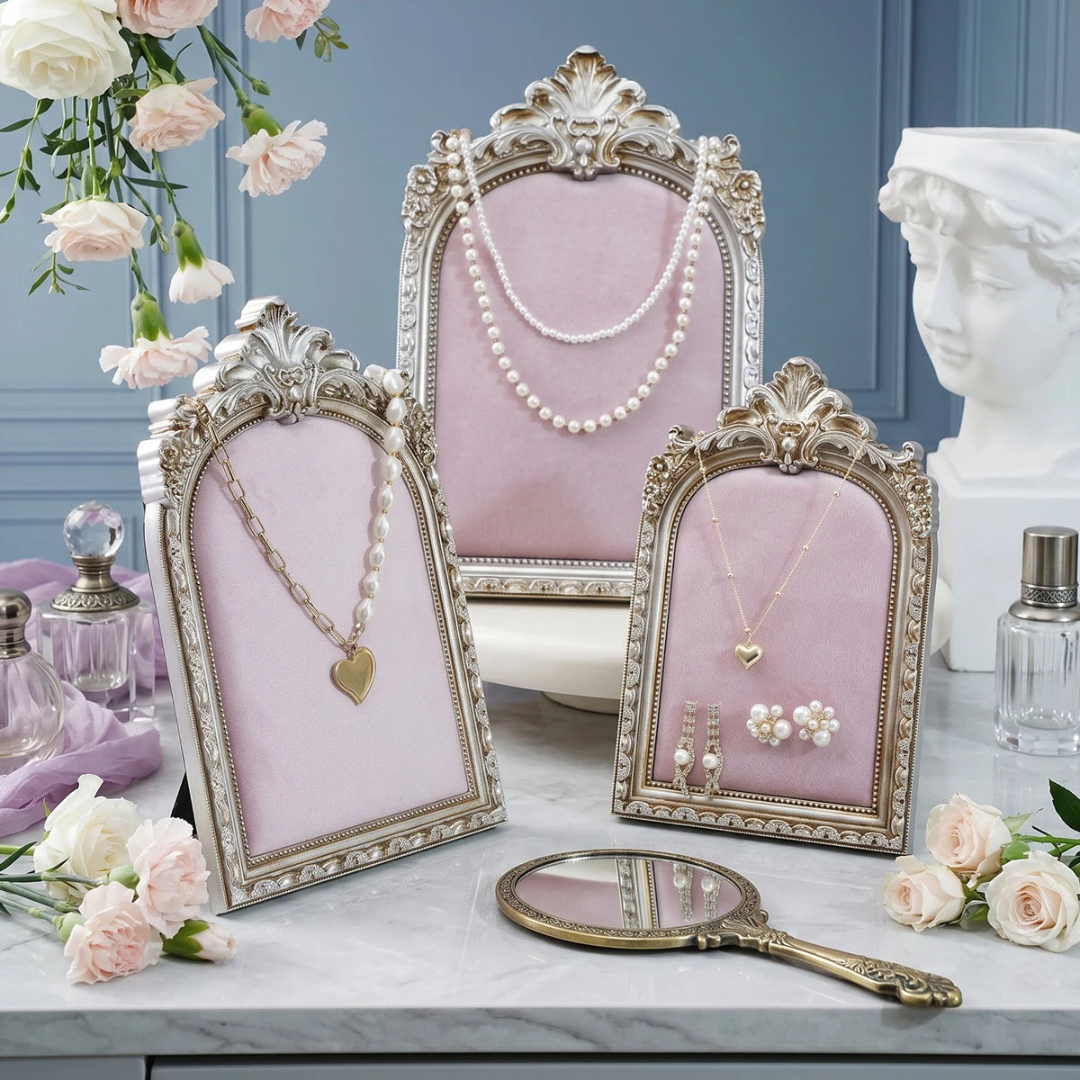 European-Style Velvet Jewelry Display Stand with Silver-Plated Floral Detail