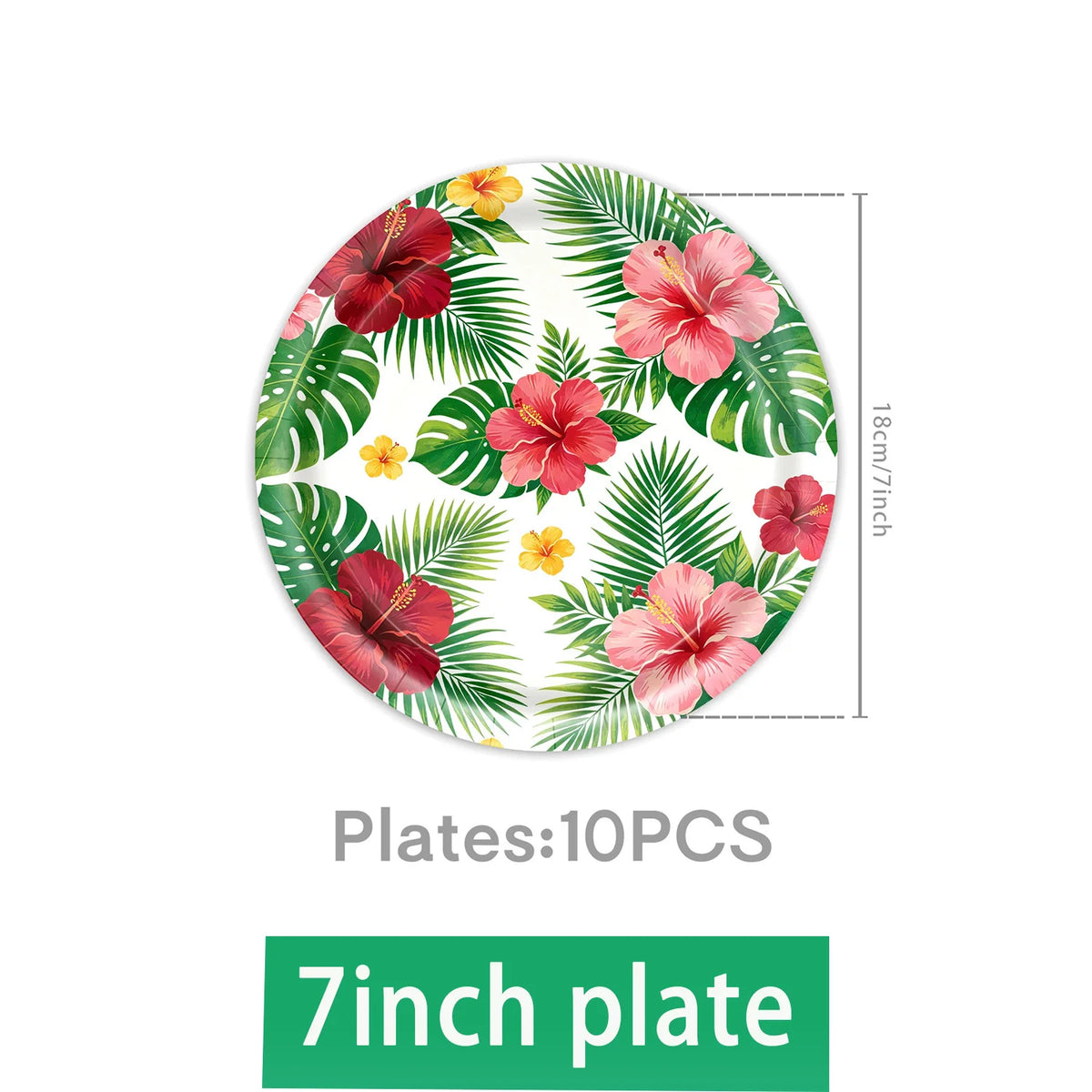 A plate featuring a tropical floral pattern of pink and red hibiscus flowers on a green background.