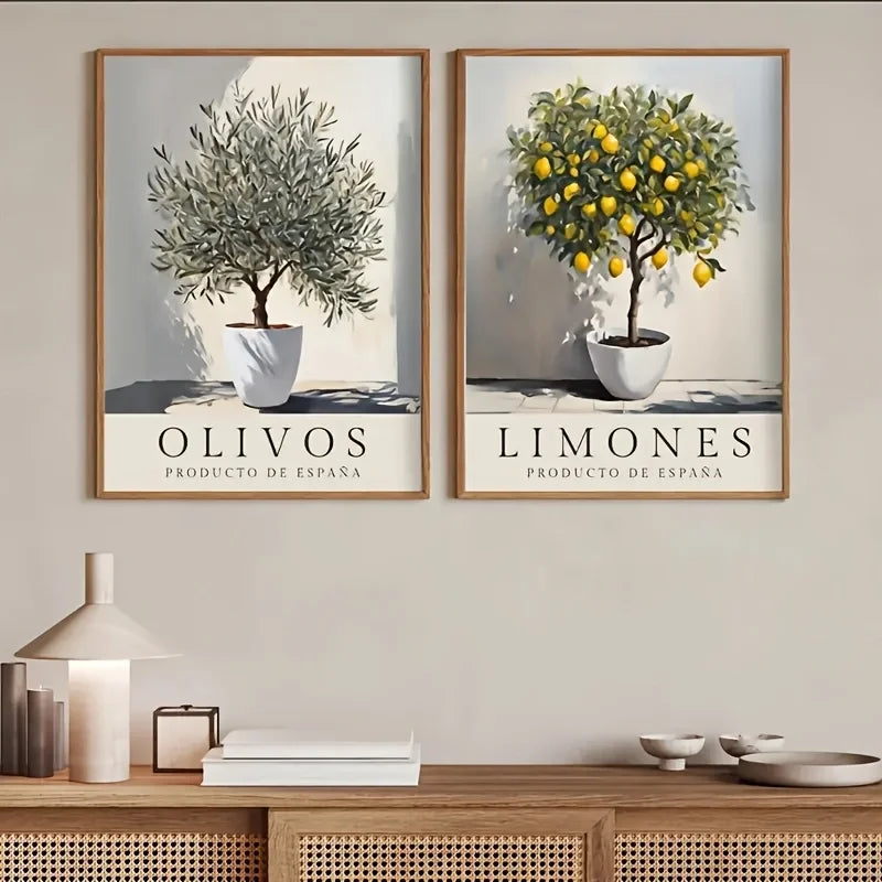 Wall art featuring two framed paintings of an olive tree and lemons, labeled Olivos and Limones.