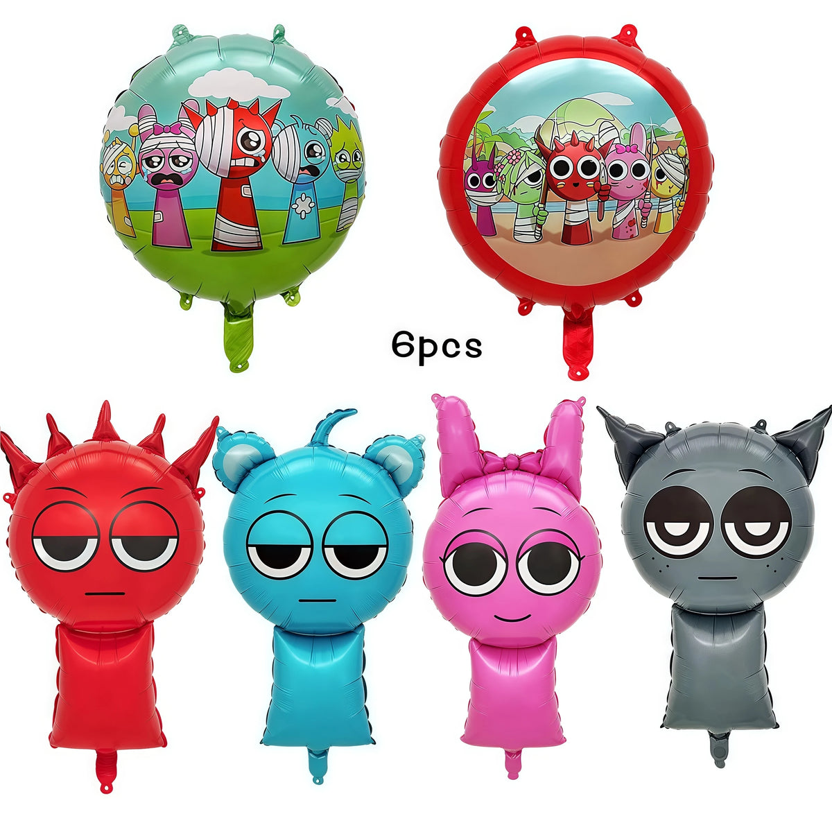 A set of six colorful balloon-shaped face masks featuring various animal and character designs for a party.