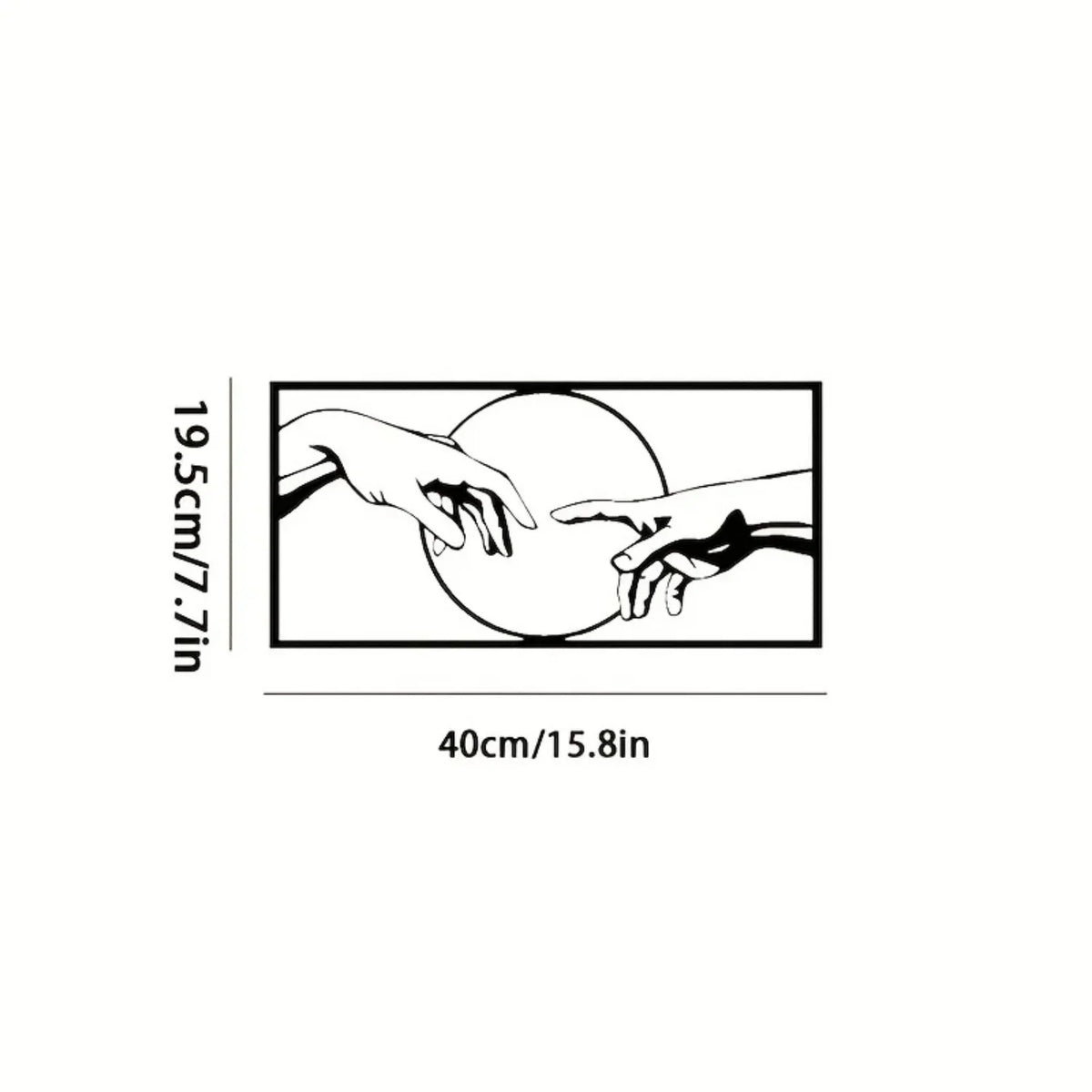 Line art illustration showing a hand reaching toward a circle, representing a minimalist abstract face design.