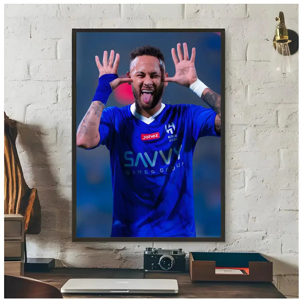 Wall art poster featuring a portrait of Neymar Jr celebrating with his hands raised and tongue out in a blue jersey