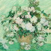 A lush bouquet of white roses and green foliage set against a light green, textured background.