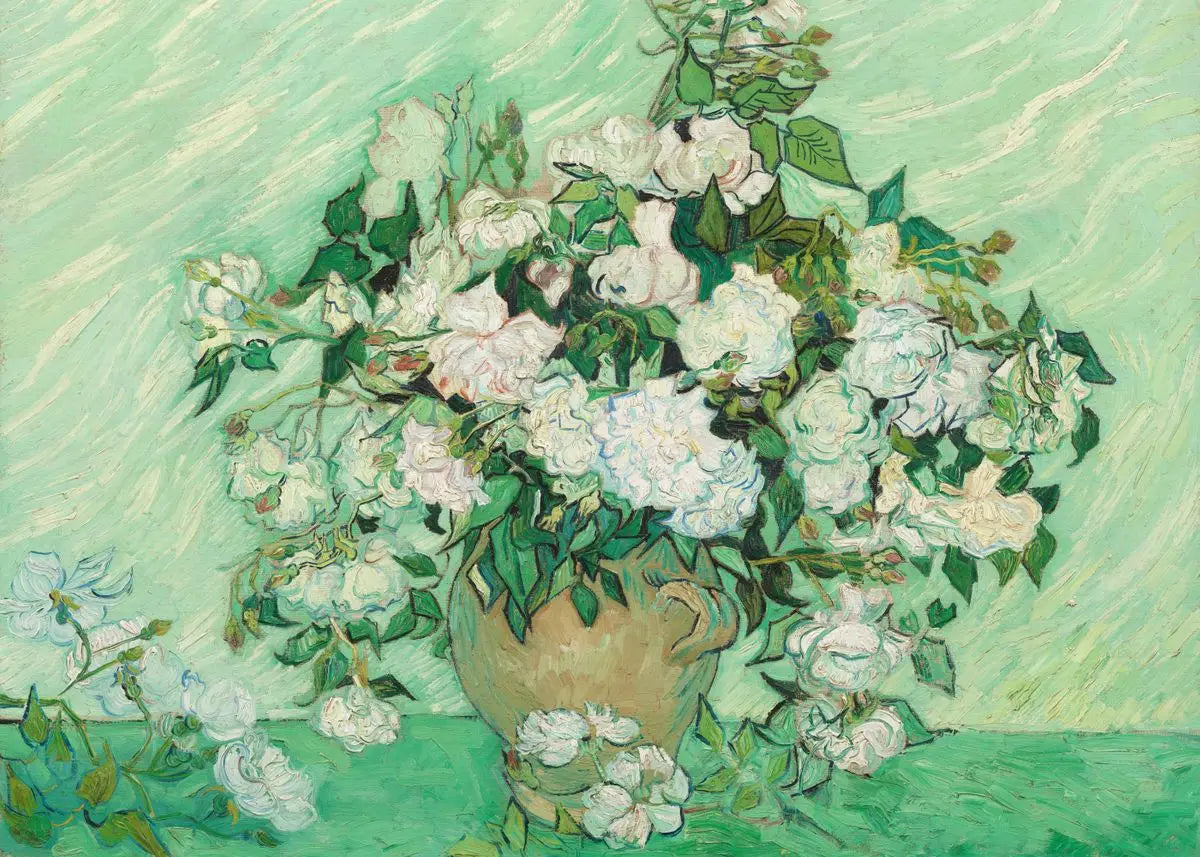 A lush bouquet of white roses and green foliage set against a light green, textured background.