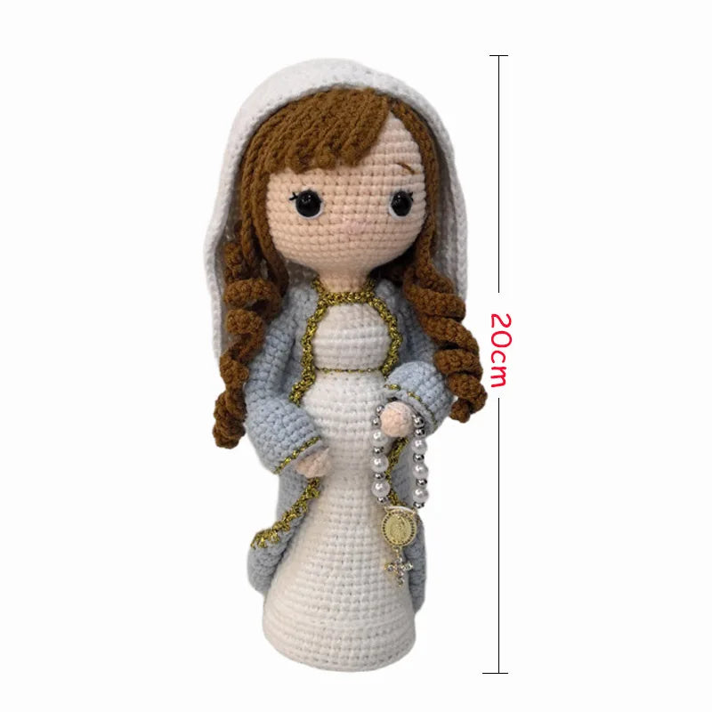 Handcrafted Virgin Mary crochet doll with brown hair and a white veil