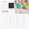 A set of six square acrylic fridge magnets in various colors and a black magnet, showing different sizes.