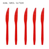 A set of ten red plastic cutlery pieces including knives, spoons, and forks for a paper party table.