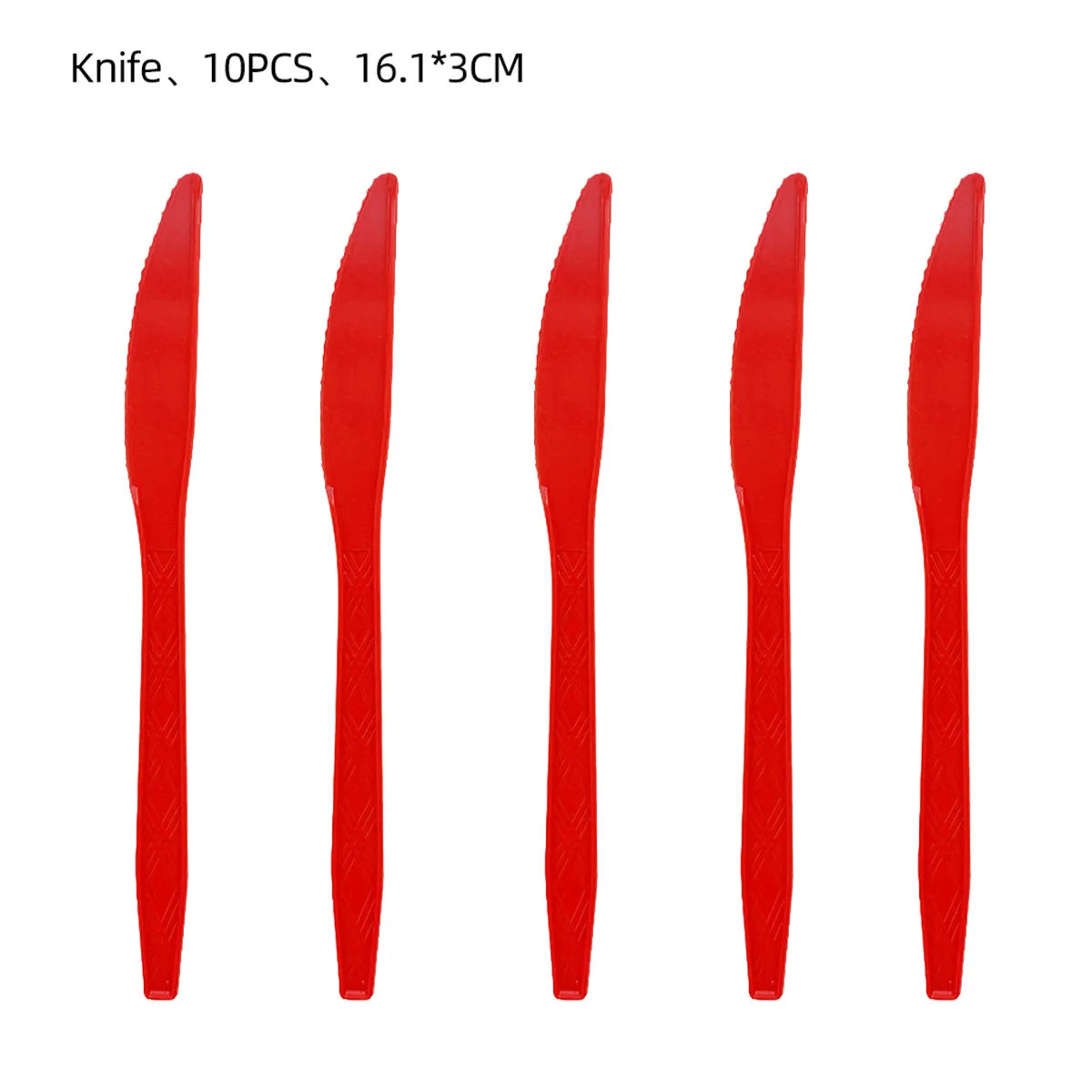 A set of ten red plastic cutlery pieces including knives, spoons, and forks for a paper party table.
