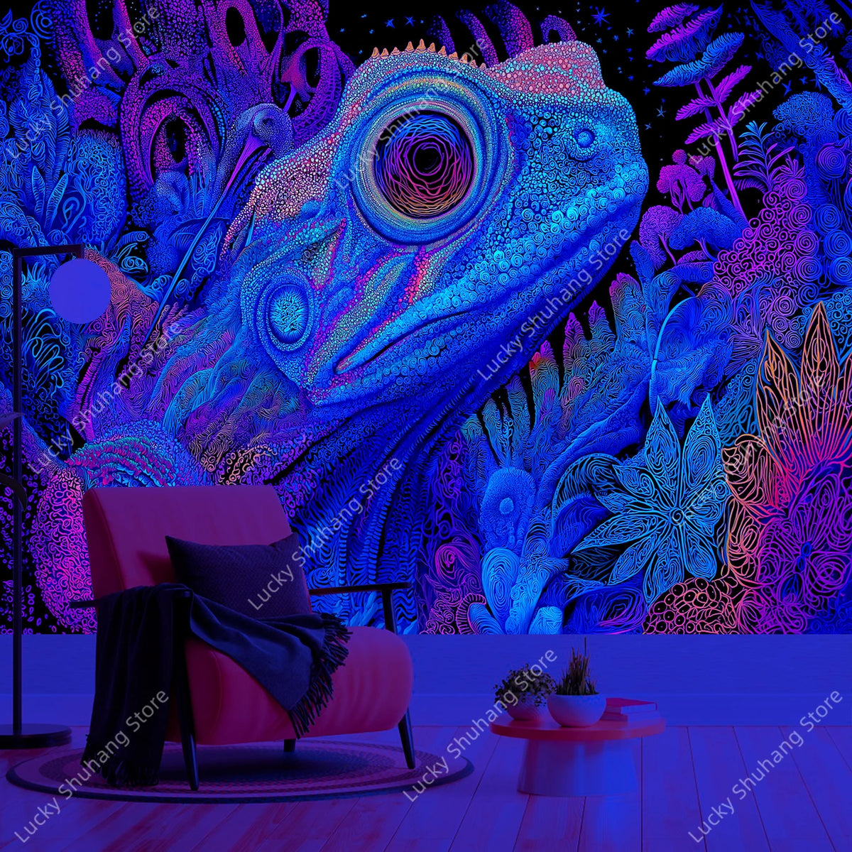 A vibrant blue and purple psychedelic tapestry featuring glowing geometric patterns on a wall.