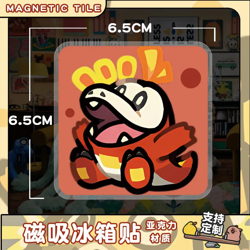 A square magnetic tile featuring an orange and white Pokémon character against a reddish-orange background.