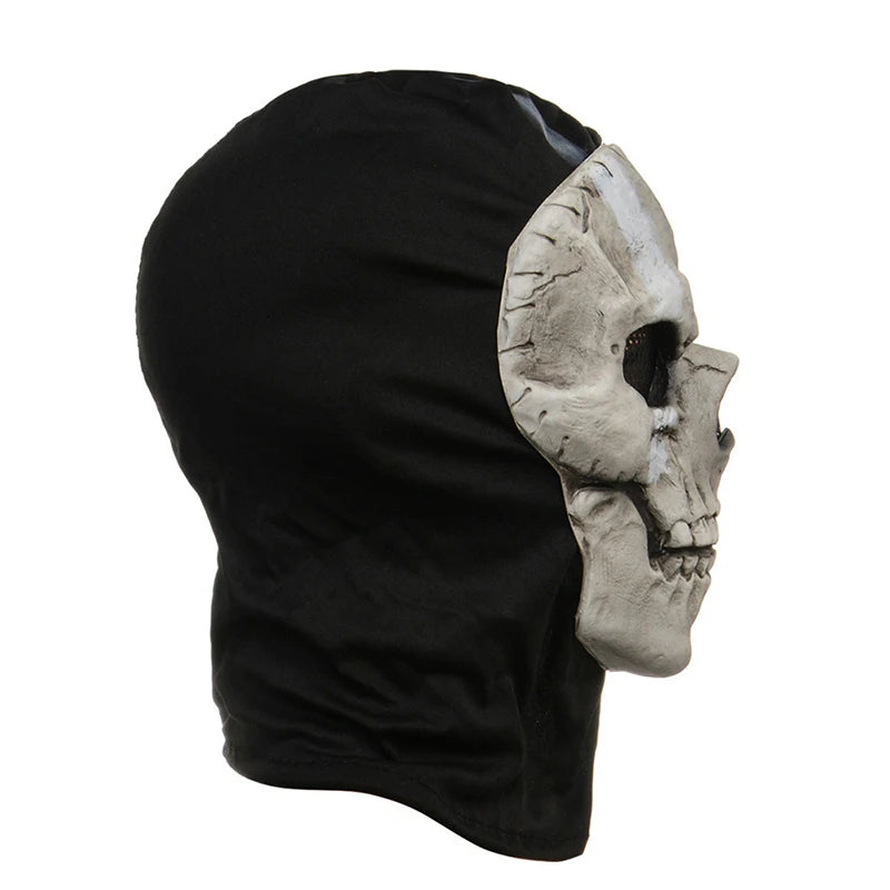 A realistic horror ghost skull latex mask in a matte black fabric covering the head.