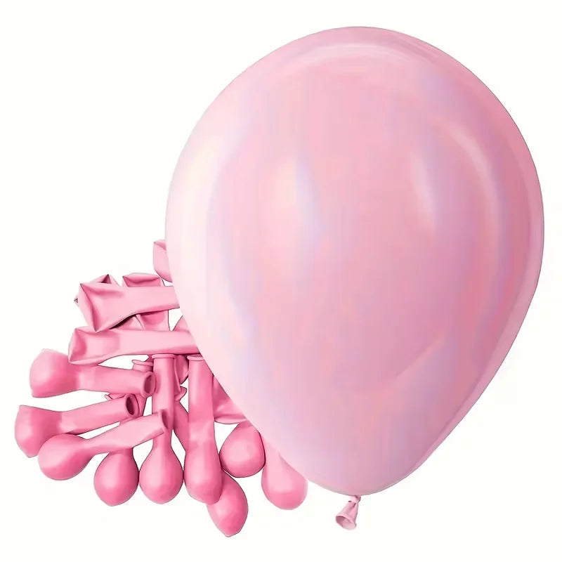 A bundle of pink balloons, including a bone-shaped balloon, is shown against a white background.