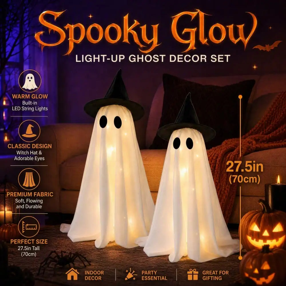 Un set de figuras fantasma LED blancas con sombreros de bruja para decoración luminosa de Halloween