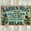 Vintage metal garden sign featuring the quote Listen to birds, feel the breeze, read a book, take a nap, sip a drink, relax, 