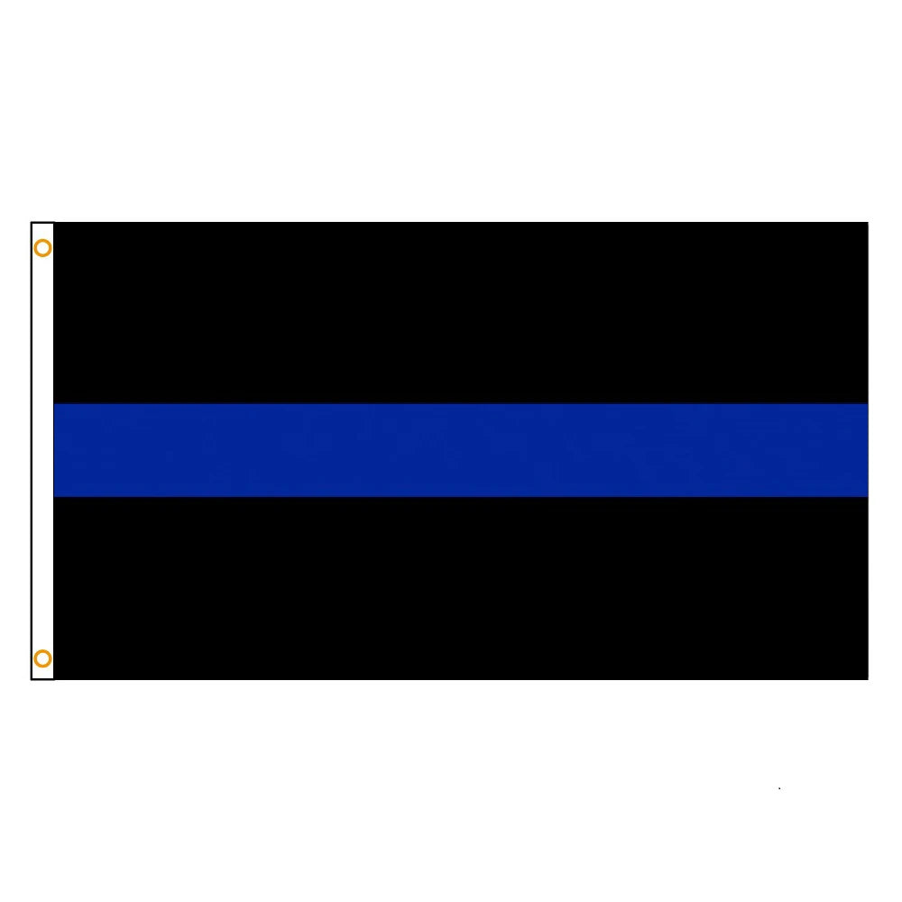 A black flag with a single horizontal blue stripe.