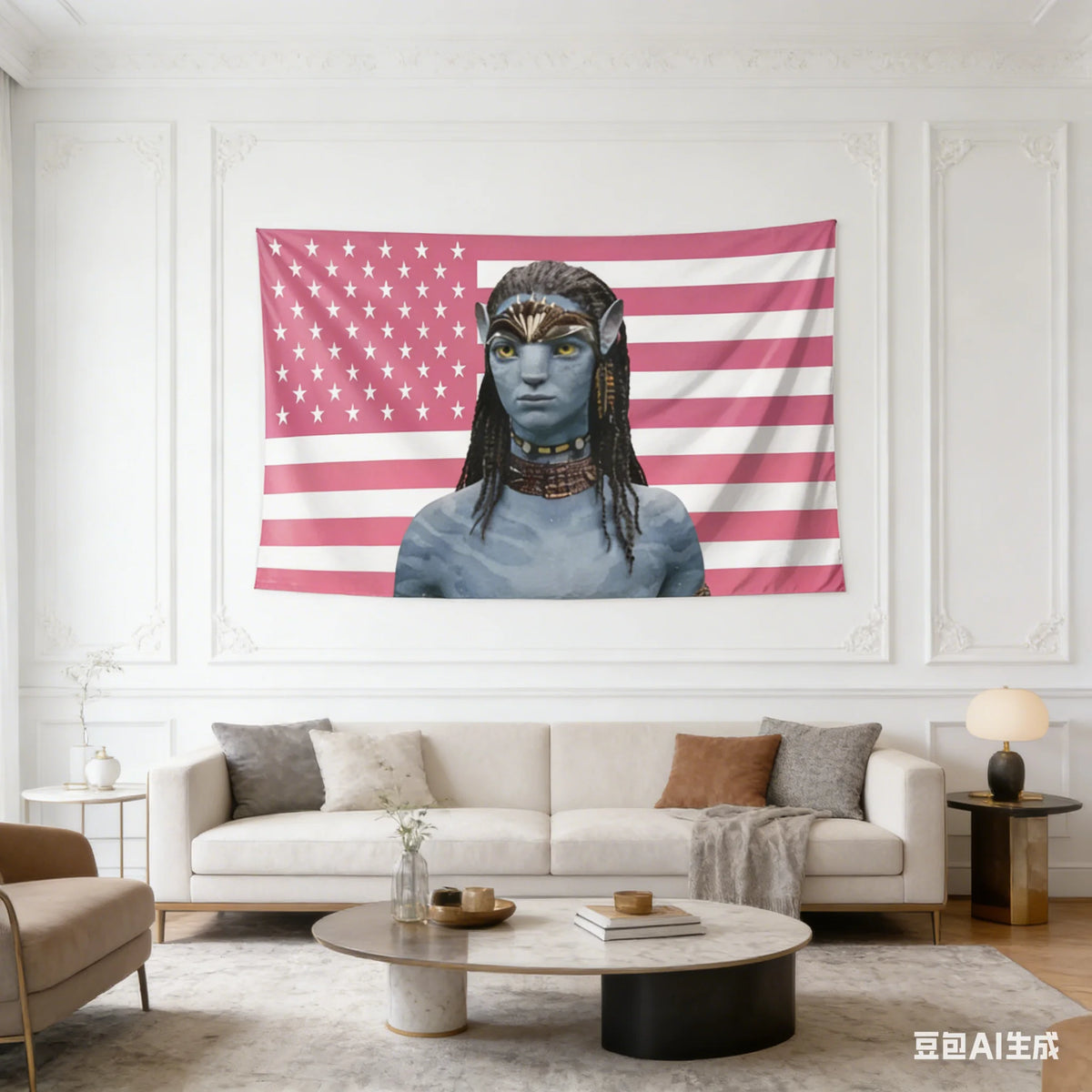 A tapestry wall hanging featuring a stylized blue face inspired by Neytiri on a pink and white American flag design.
