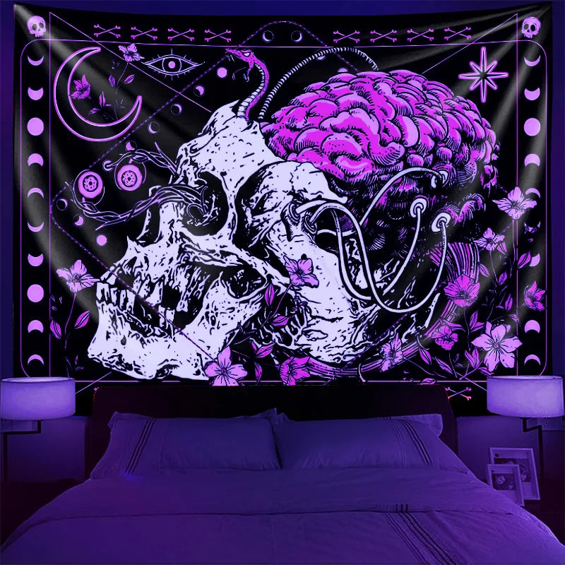 A dark tapestry featuring a skull and brain design in white and vibrant purple on a black background.