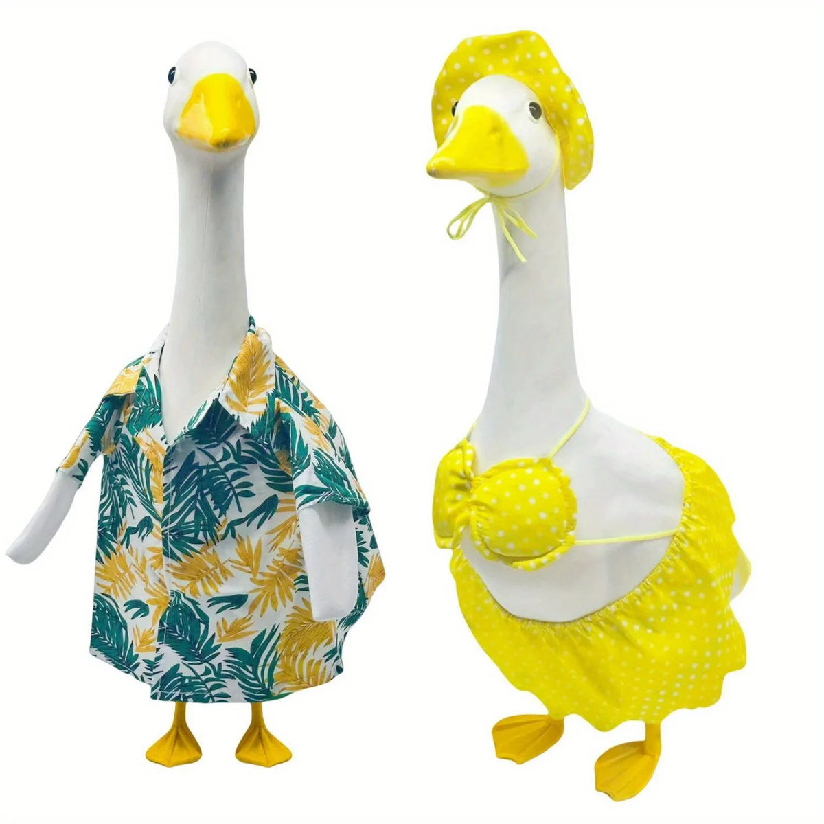 A yellow and green patterned goose costume set featuring a white body and yellow accents.