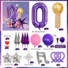 A set of decorative balloons including a purple number zero, a gold sphere, and various shaped balloons like stars and hearts