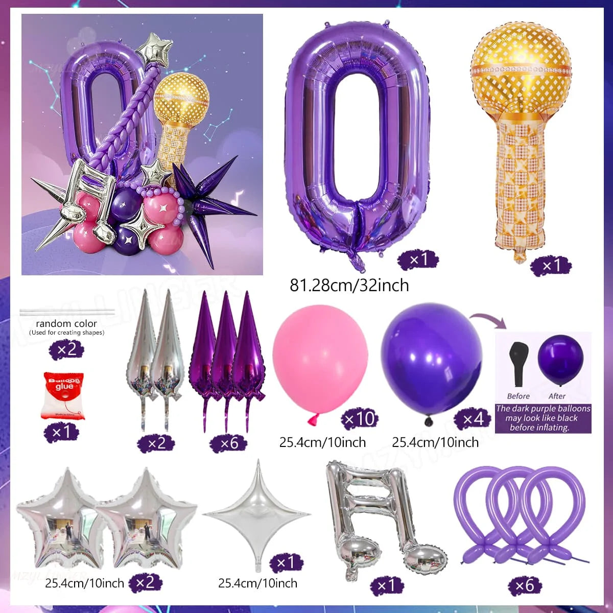 A set of decorative balloons including a purple number zero, a gold sphere, and various shaped balloons like stars and hearts