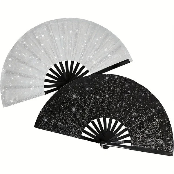Silver and black star-patterned folding hand fan with a wide, semi-circular design