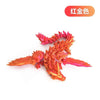 A close-up of a 3D printed articulated dragon fidget figurine in red and gold colors.