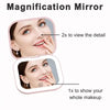 A compact portable vanity mirror showing a woman's face with dual magnification features for detail and full makeup view.