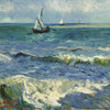 A seascape painting featuring waves, a boat, and distant ships under a cloudy sky.