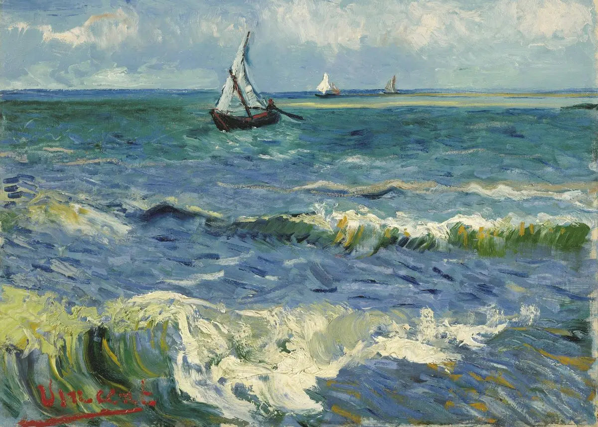 A seascape painting featuring waves, a boat, and distant ships under a cloudy sky.