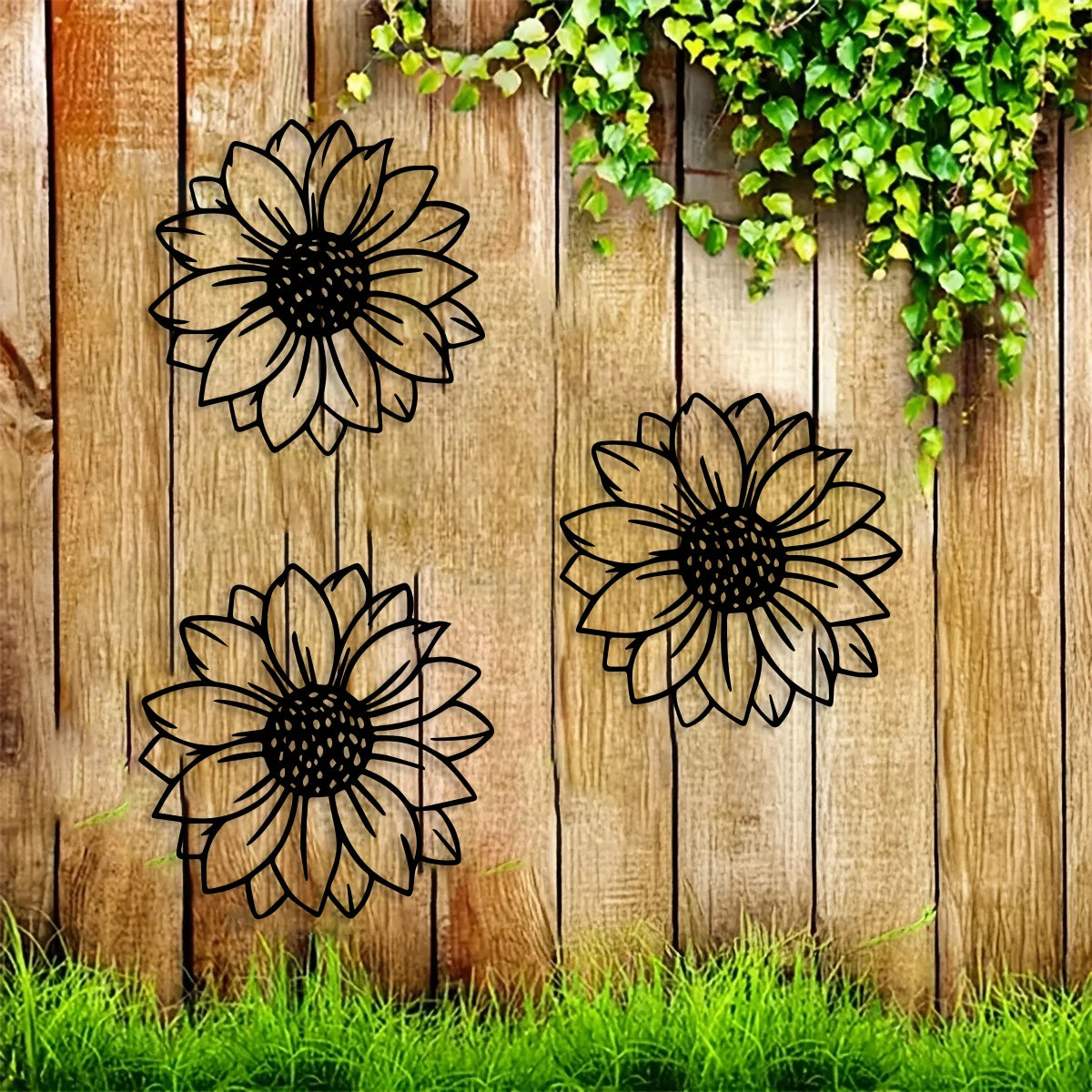 Black metal silhouette of a sunflower wall decor set mounted on weathered wooden planks with green vines.