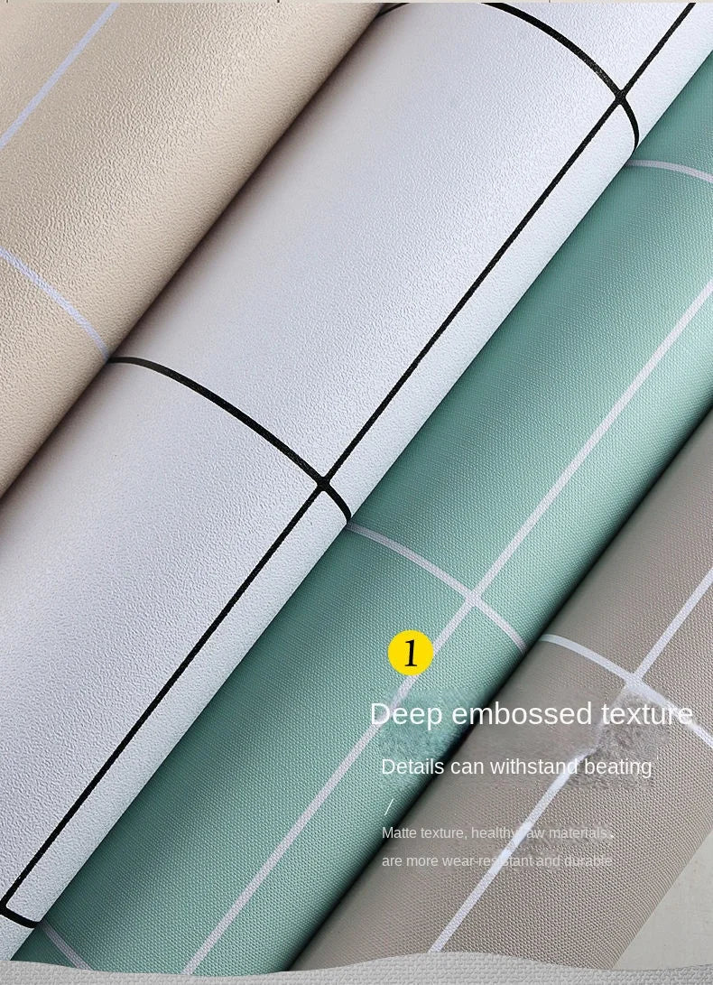 Close-up of a roll of matte, deep embossed texture kitchen wall sticker in sage green and beige tones.