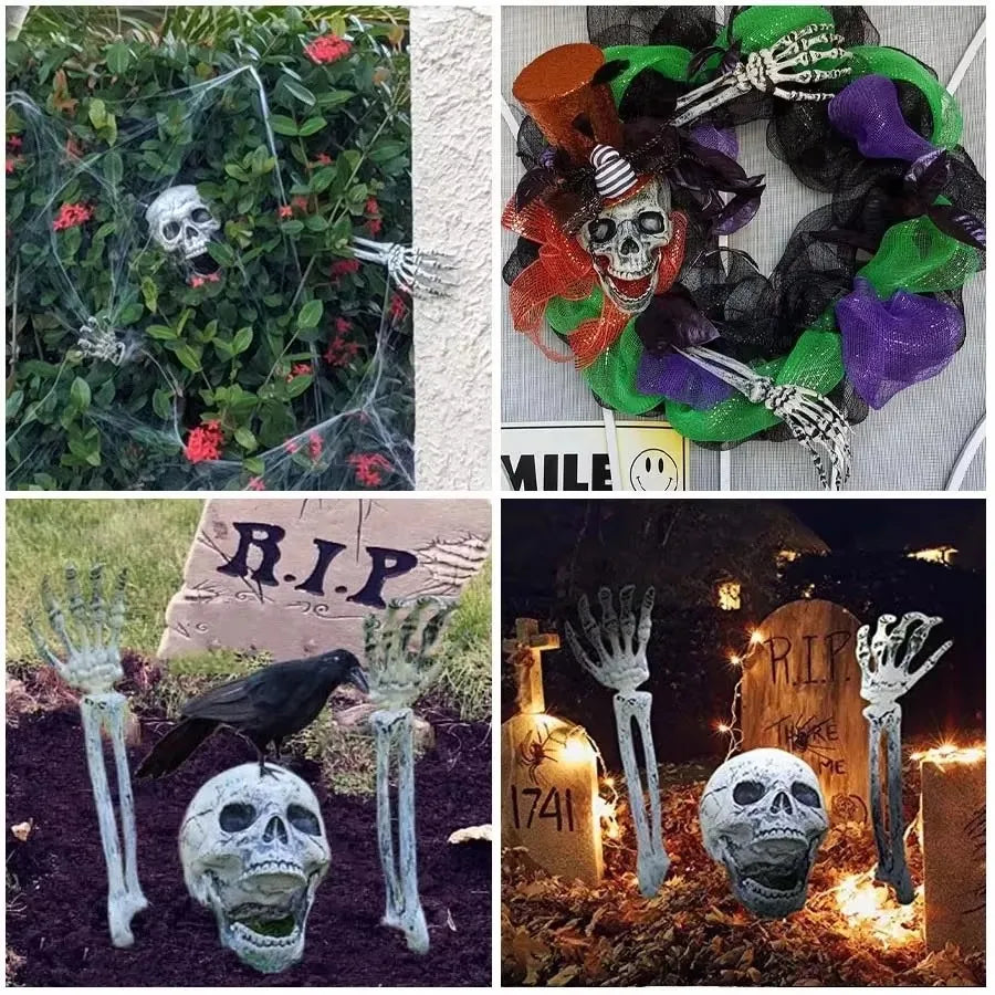 A wreath of realistic skeleton arm stakes and a skull decoration for Halloween lawn decor.