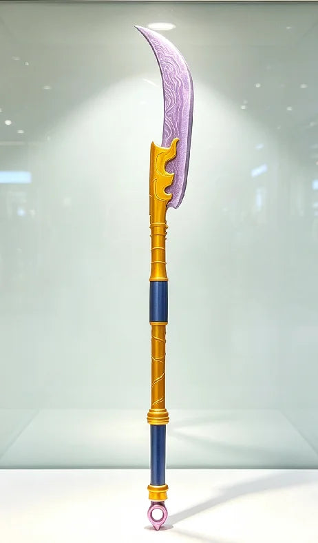 A purple and gold Lumi Symbol sword cosplay prop displayed vertically on a white surface.