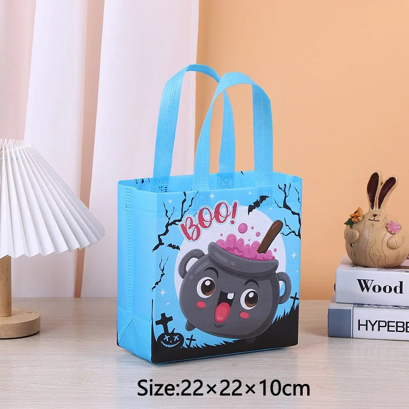 A blue non-woven tote bag featuring a cartoon penguin face design with festive holiday elements.